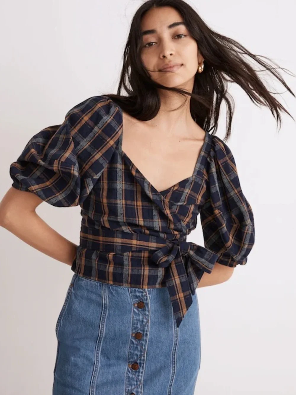 Madewell Sweetheart Wrap Ash Top Plaid Puff-Sleeve Wrap Top Navy & Brown Size S